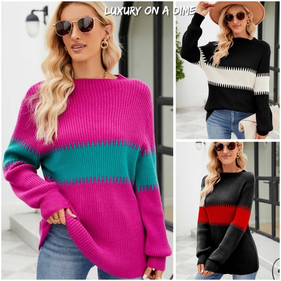Vintage Colorblock Stripe Collar Patchwork Loose Knit Sweater